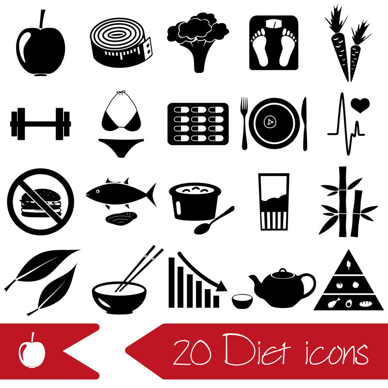 一套饮食和健康生活方式主题黑色图标EPS10