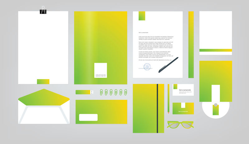 绿色、黄色企业标识模板-矢量公司的品牌书籍和指南风格-文件夹、笔、信封、名片、CD光盘、闪存卡、铅笔、尺子、眼镜和空白页