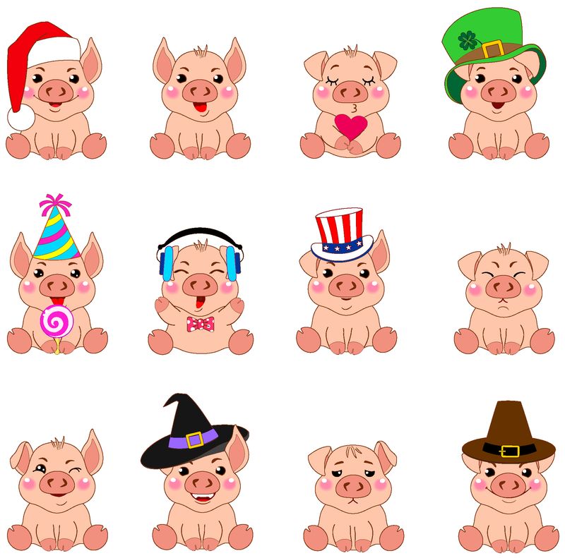 在不同的节日里-头戴帽子的滑稽猪的情绪-卡通人物-微笑-野猪年的象征-贴纸-化身-补丁-日历上的设计元素-标签