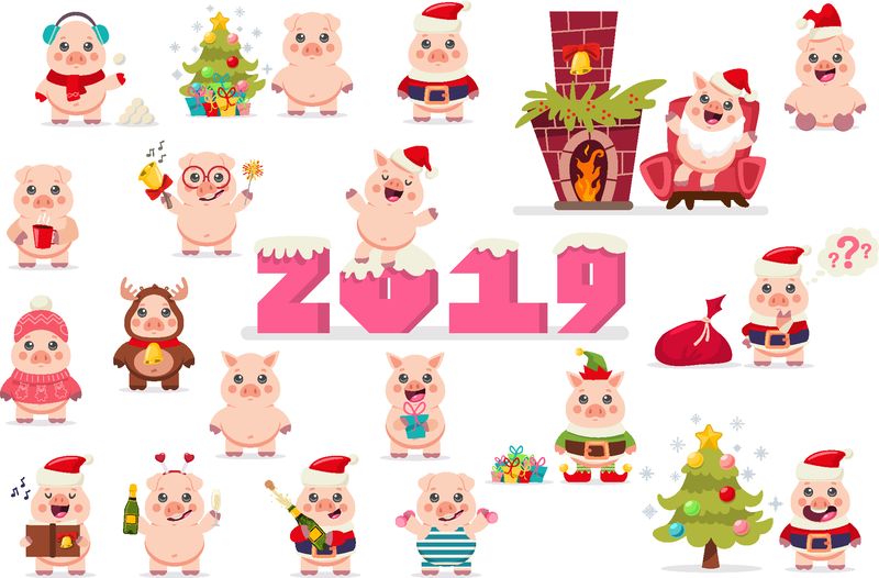 可爱的猪在圣诞老人的服装矢量集-圣诞卡通有趣的动物角色孤立在白色背景上-2019年中国新年的象征