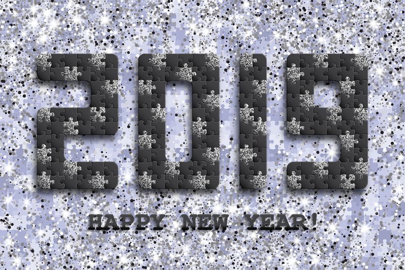 2019年拼图背景与许多银光和黑色块-新年贺卡设计-抽象马赛克模板-矢量图