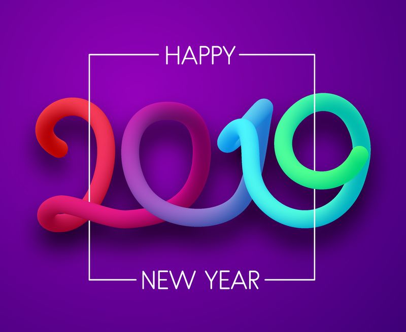 带有彩色霓虹图案的2019年紫色新年贺卡-矢量背景