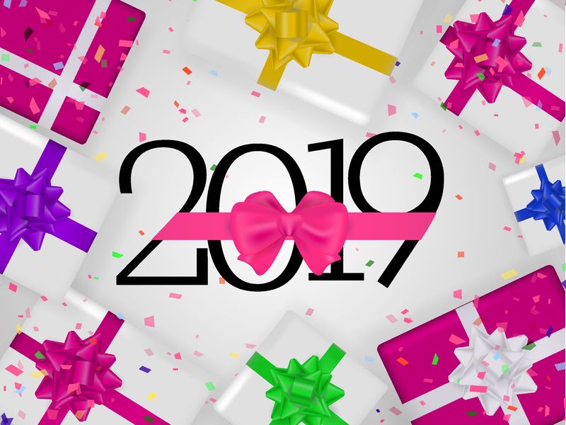 2019年的一天-粉色蝴蝶结打结-很多灰色背景的彩色礼品盒-矢量图解