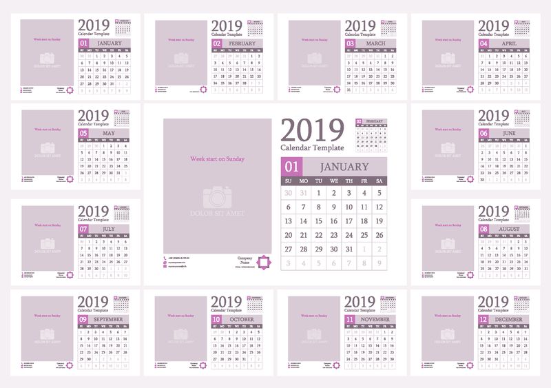 日历2019-设置办公桌日历模板设计-带照片和公司标识-星期从星期天开始-12个月一组