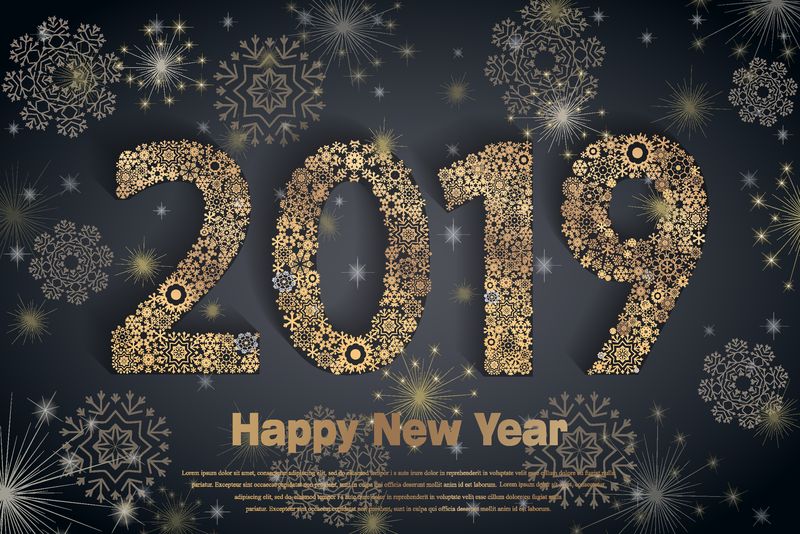 2019年新年快乐-背景是金光闪闪的雪花-铜绿金色数字0-1-2-9-亮箔表面-假日贺卡、邀请函、日历海报的矢量图
