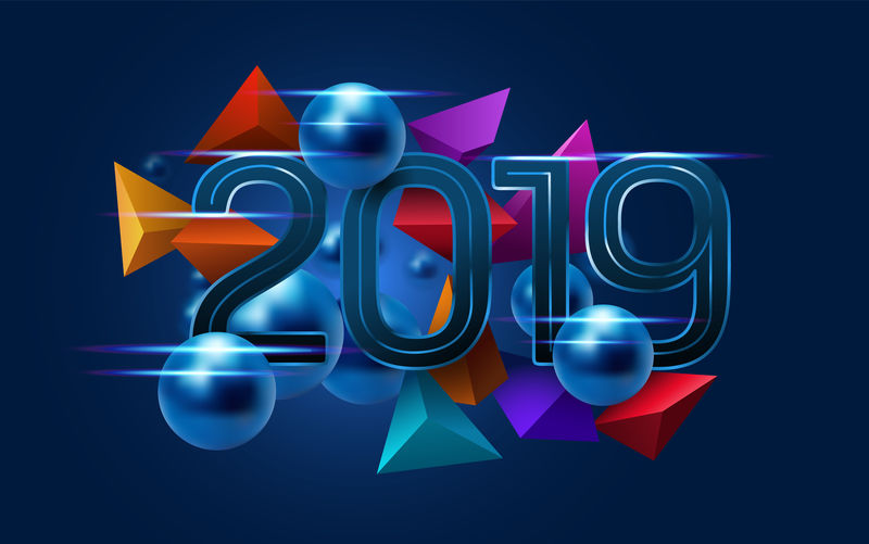 金属文本2019-金属球和深蓝色背景上的彩色碎片-新年祝福-eps10矢量