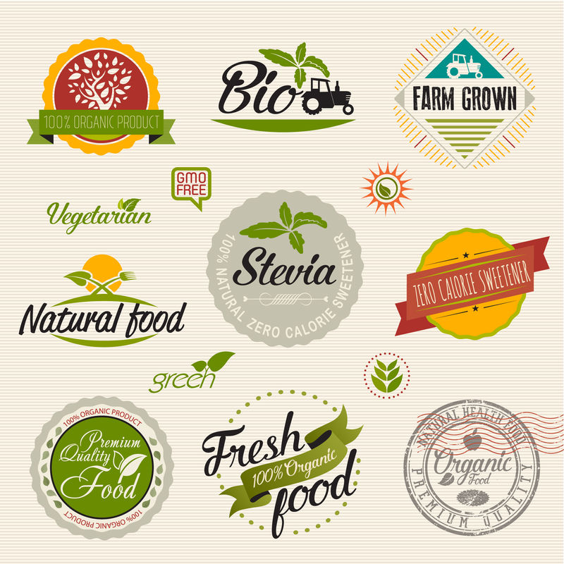 甜菊和有机食品标签套装-农场新鲜标签和标志元素-有机、生物、生态自然设计模板-轻松编辑您的设计-复古标志图标