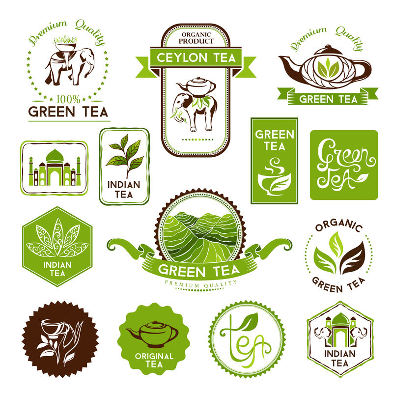 绿色和锡兰茶标签，徽章和横幅。