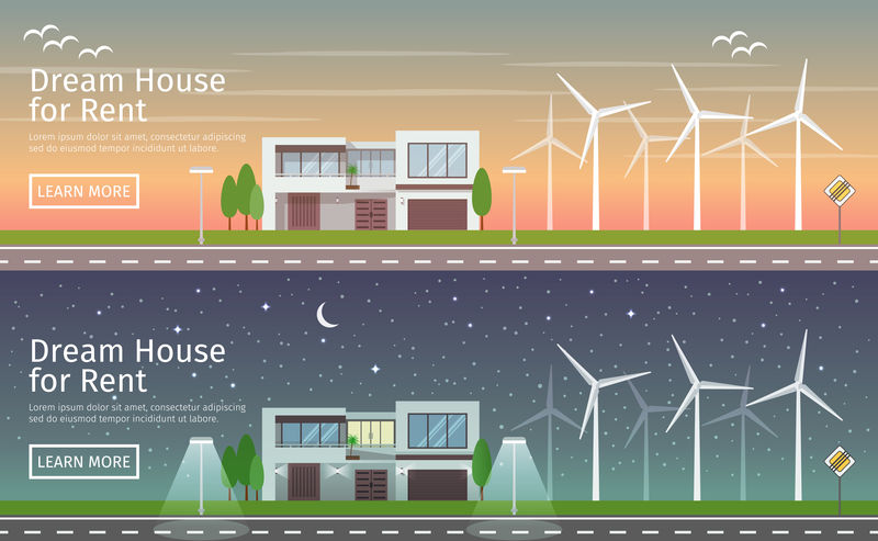 现代大房子与替代生态绿色能源，日落和夜晚，平网横幅设置。风力涡轮机。矢量图解