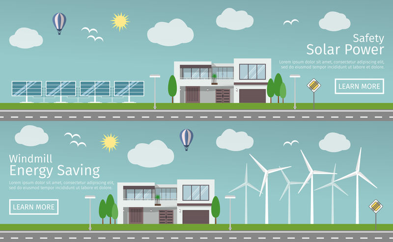 现代住宅与替代生态绿色能源，平网横幅设置。风力涡轮机和太阳能电池板。矢量图解