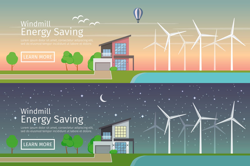 现代住宅与替代生态绿色能源，日落和夜晚，平网横幅设置。风力涡轮机。矢量图解