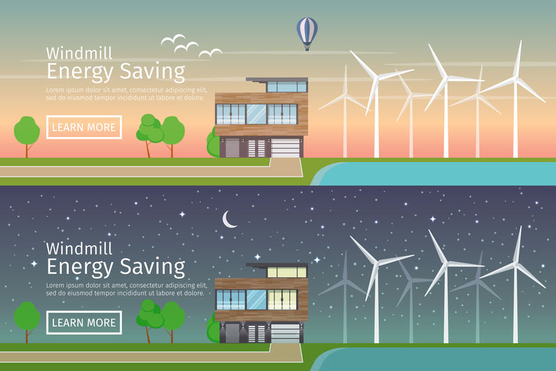 现代住宅与替代生态绿色能源，日落和夜晚，平网横幅设置。风力涡轮机。矢量图解