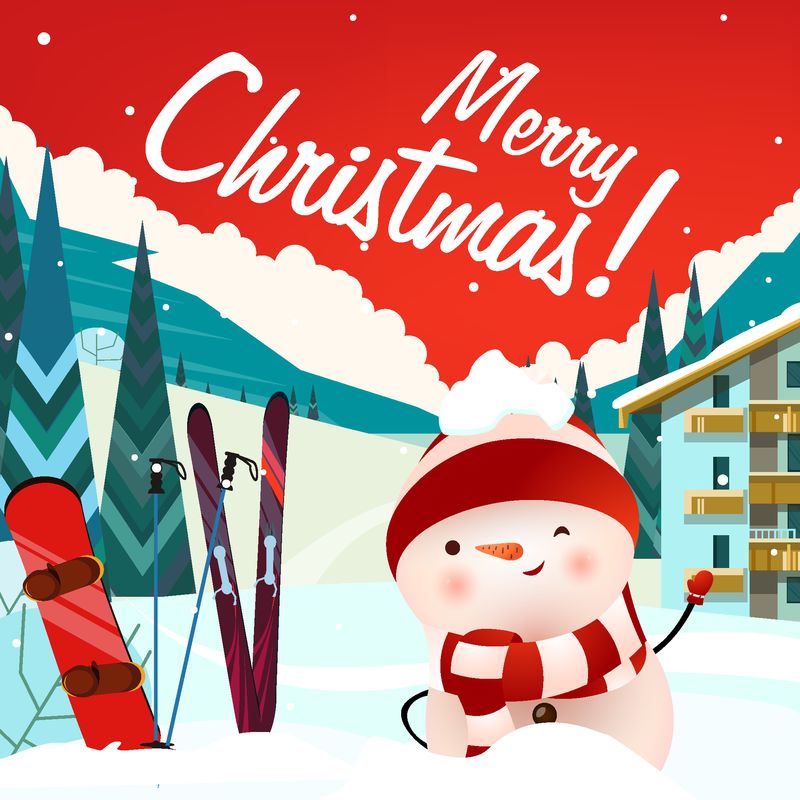 滑雪胜地的圣诞快乐字母和雪人-圣诞贺卡或广告设计-手写文字-书法-传单、小册子、邀请函、海报或横幅