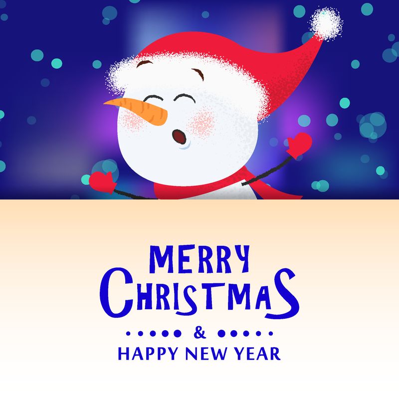 圣诞快乐-新年快乐传单设计-兴奋的雪人戴着圣诞帽-在蓝色的博克背景上写着字母-模板可用于贺卡、传单、海报和小册子