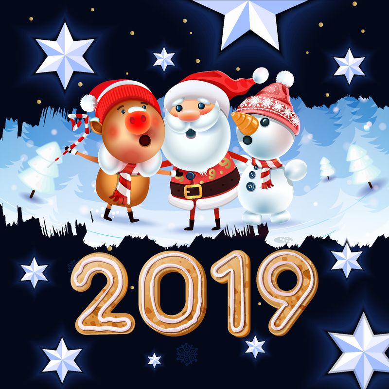 2019新年和圣诞快乐标志-圣诞老人的冬季背景与礼物-圣诞玩具-星星-糖果-糖果和圣诞饼干-装饰海报卡的节日背景-赢