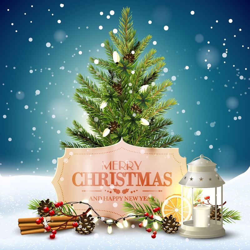 圣诞树、灯笼和蓝色背景下的传统圣诞贺卡