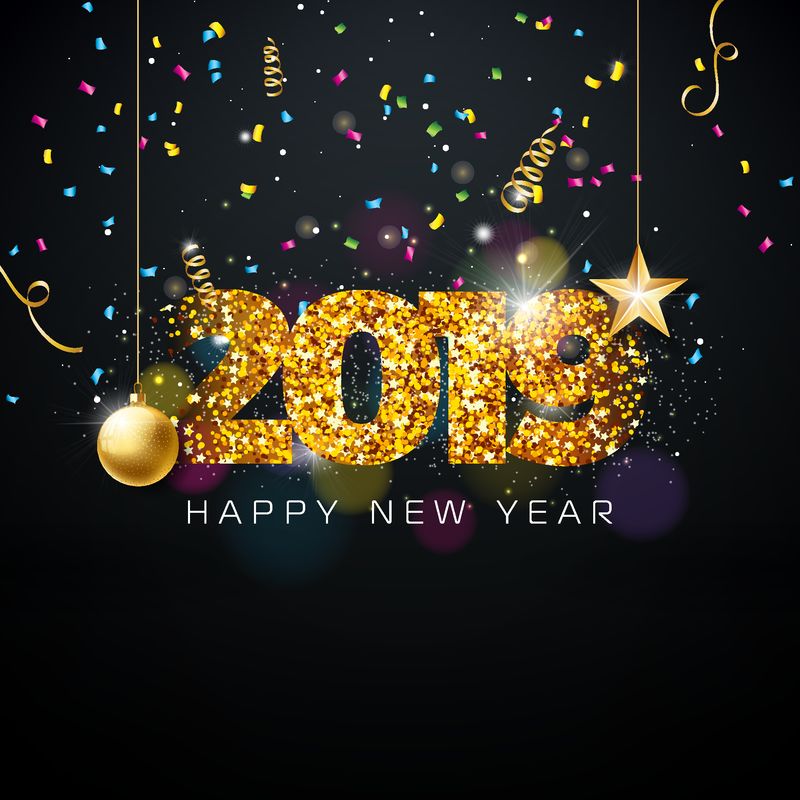 2019年新年快乐插画-金色闪光数字和黑色背景圣诞球-用于传单、贺卡、横幅、庆典海报、聚会邀请或