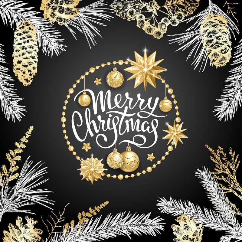 圣诞贺卡上有逼真的金球-圆框中有星星-黑底冷杉、雪松、松树、山楂、球果等不同枝条的素描-优雅的字体