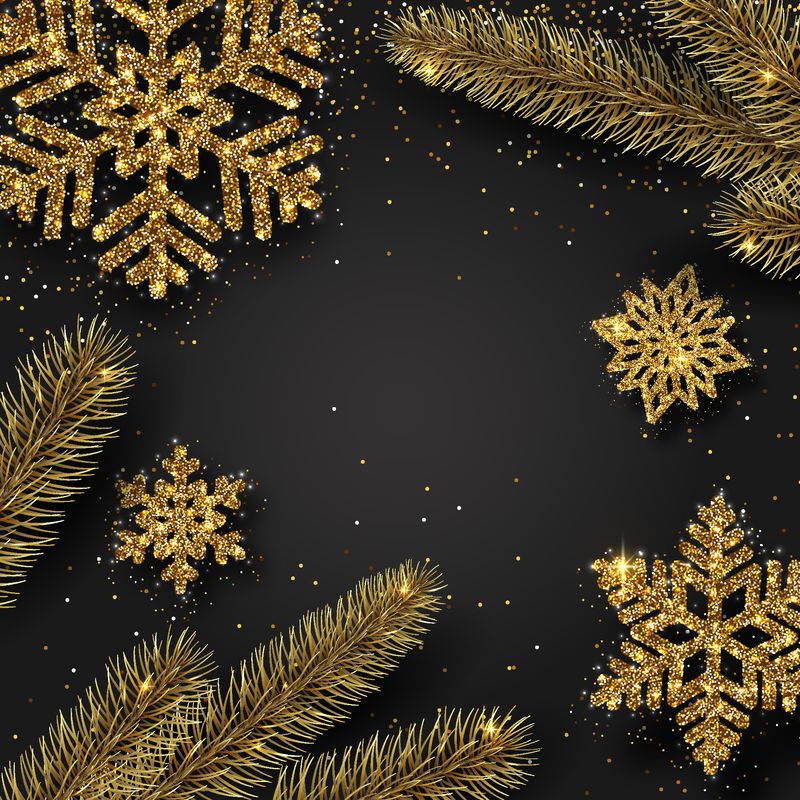 圣诞和新年节日闪亮的卡片模板与金色雪花和冷杉枝-矢量背景