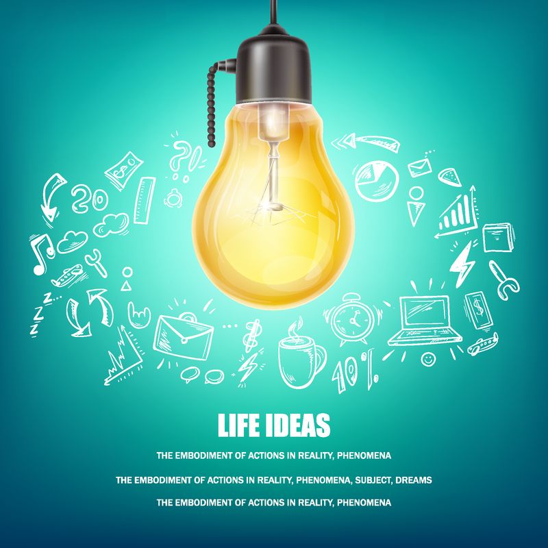 创意矢量概念插图-海报上有黄色灯泡-周围有蓝色背景的手绘图标-闪亮的灯-创意的象征-商业解决方案-战略-创新