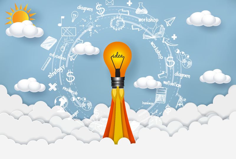 灯向天空发射-创业理念、财务理念是企业成功与企业目标的竞争-创意-信息图表-矢量插图纸艺术