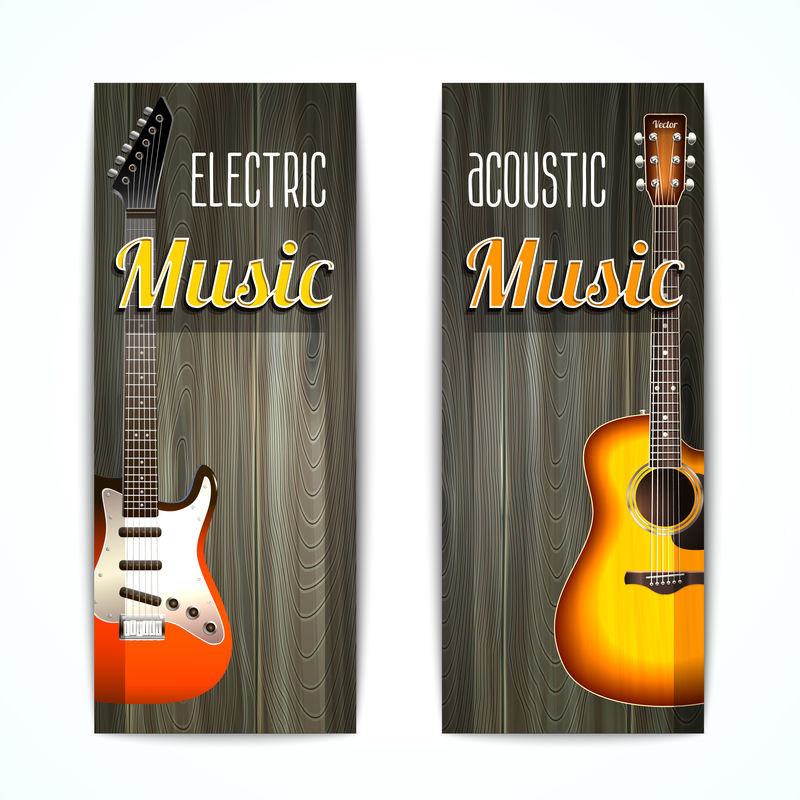 木制背景独立插图上带有电吉他和声学吉他的音乐竖幅