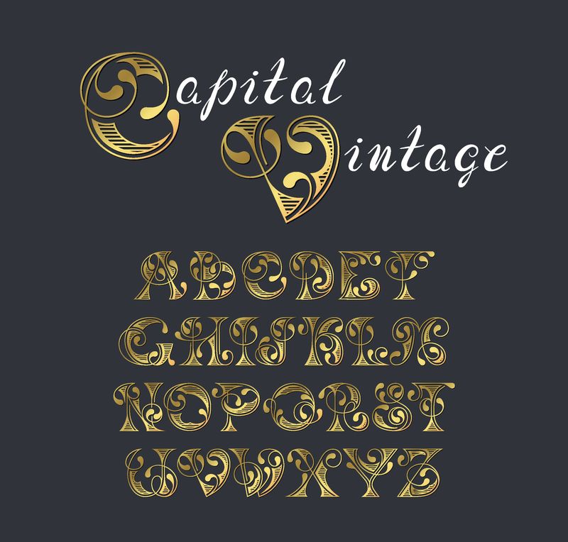 矢量金色典雅的复古装饰字体-拉丁字母的复古字母