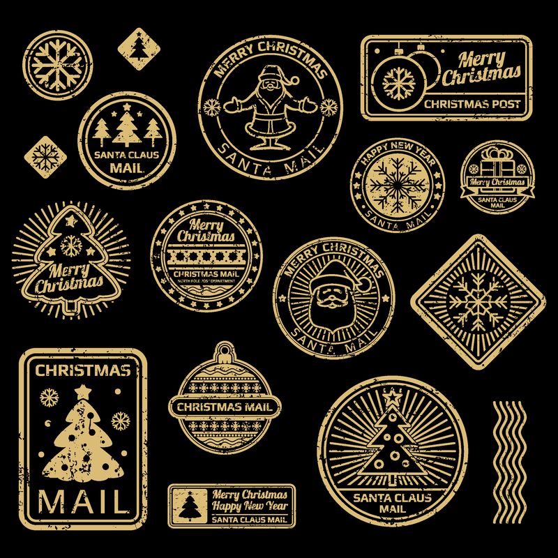 新年和圣诞节矢量复古邮票孤立在黑色背景插图孤立在黑色背景