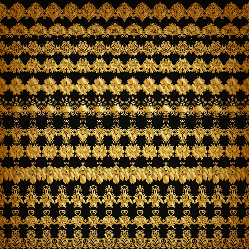 一套水平的金色花边图案-装饰元素-边框为设计-黑色背景手绘花卉饰品-网页-网站装饰-矢量插图EPS 10