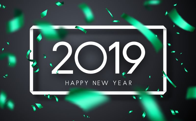 2019年新年快乐贺卡-白色框架-绿色模糊的五彩纸屑-矢量背景