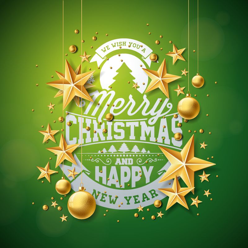 矢量圣诞快乐与金色玻璃球-剪纸明星和绿色背景印刷元素插图-高级贺卡、聚会邀请或促销横幅的假日设计