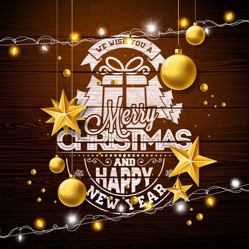 圣诞快乐插画与黄金玻璃球，灯花环和印刷元素的复古木材背景。用于贺卡、聚会邀请或促销横幅的矢量假日设计。