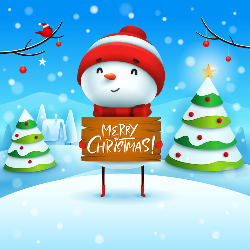 圣诞快乐！快乐的雪人在CHR拿着木板标志