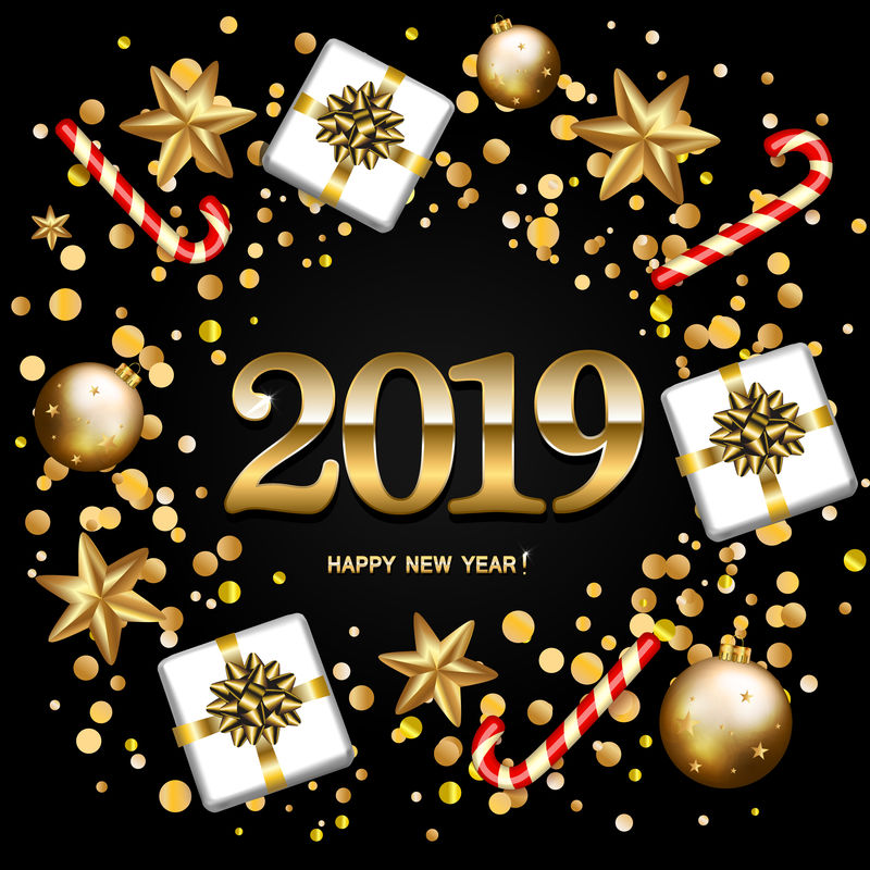 2019年新年快乐贺卡，有礼物、糖果、金星，