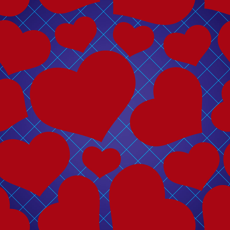 抽象花纹蓝色无缝图案，带红色爱心EPS10