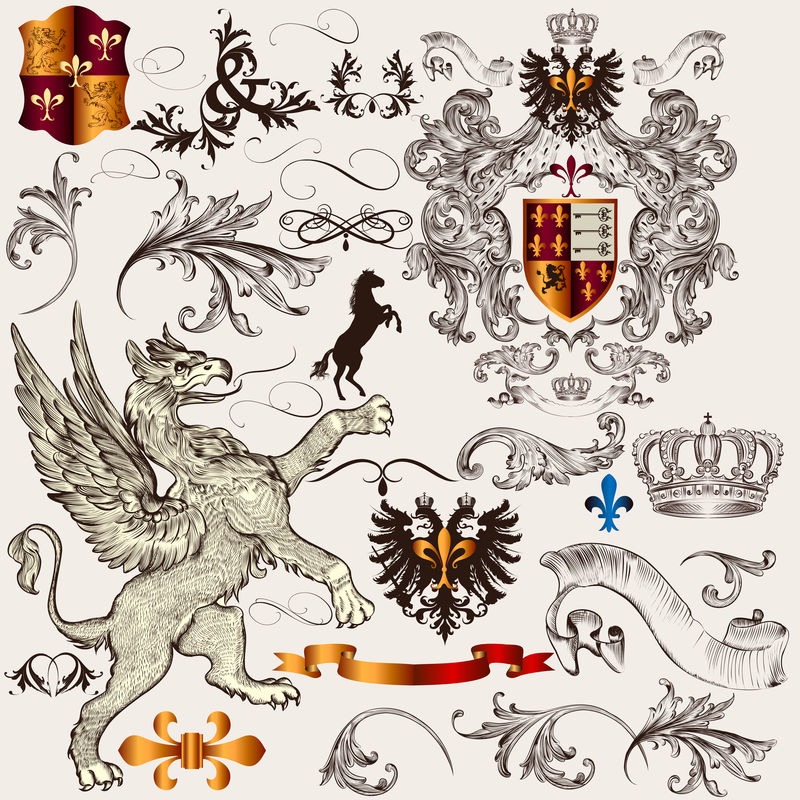 一套纹章设计元素，包括盾牌、皇冠、格里芬安