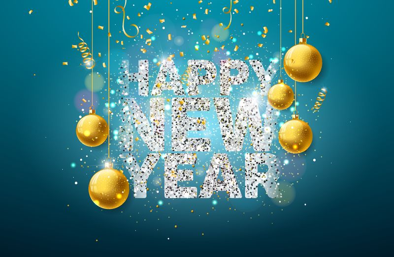 新年快乐插画-闪亮的印刷字体-金色圣诞球-蓝色背景下飘落的五彩纸屑-矢量假日设计-用于传单、贺卡、横幅、庆典