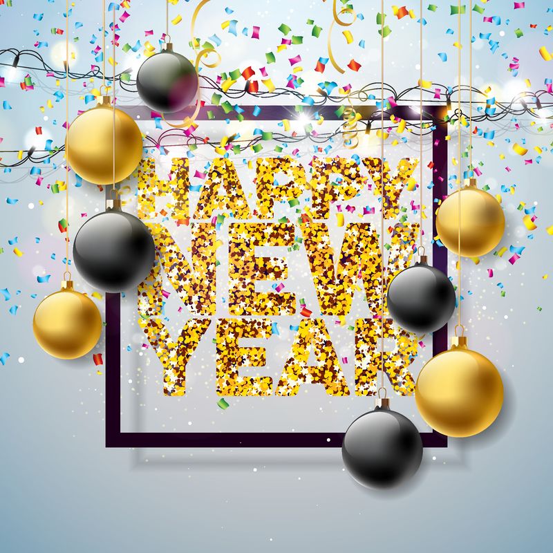 Vector Happy New Year 2018插图采用闪亮的金色闪光印刷图案设计-五彩纸屑背景上的装饰球-每股收益10.