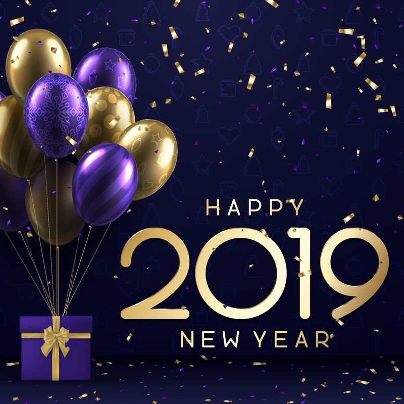 2019年紫色新年贺卡-配有礼品、彩色气球和金色纸屑-矢量背景