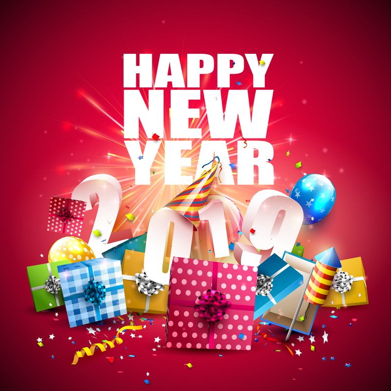 2019年新年快乐-带彩色礼品盒、气球和红色背景的派对帽的传单