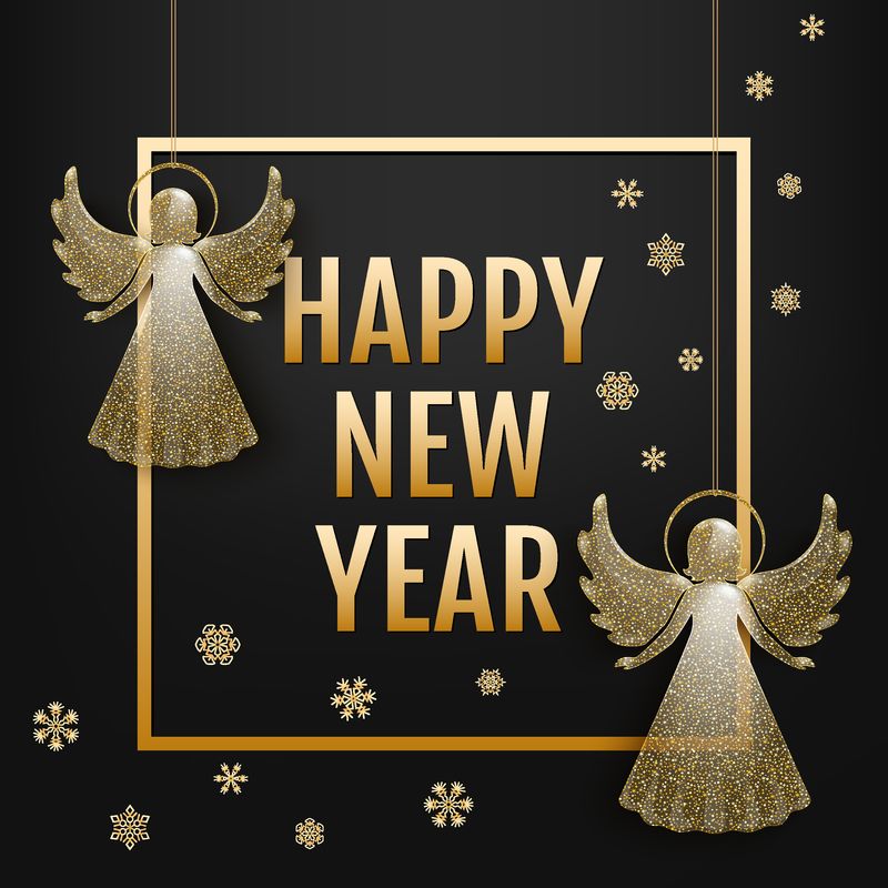 黑色背景的金色新年快乐印刷-贺卡上有两个玻璃圣诞天使-在冬天的节日里有闪光点和闪光