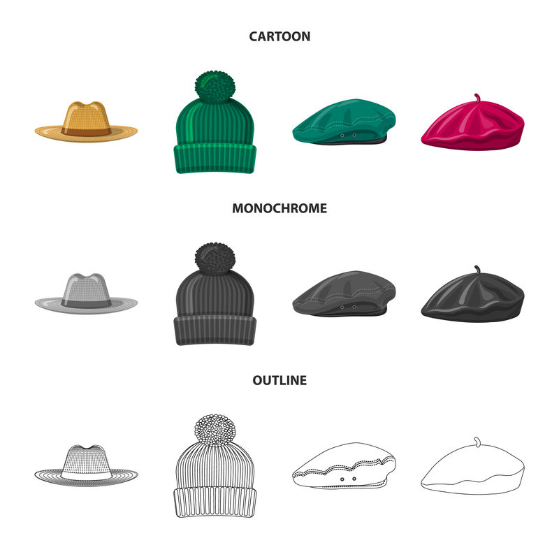 头盔和帽子符号的孤立物体-用于Web的一组头饰和附件库存符号