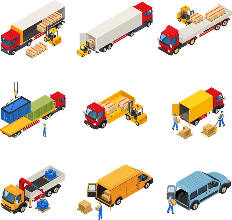 卡车等距图集-包含车辆将货物和集装箱装载到商用货运车辆中的图像矢量图