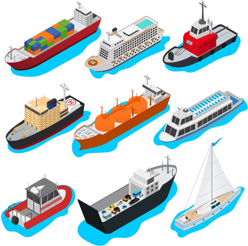 商用海船标志三维图标集等距视图包括货运工业船和船舶-图标的矢量图