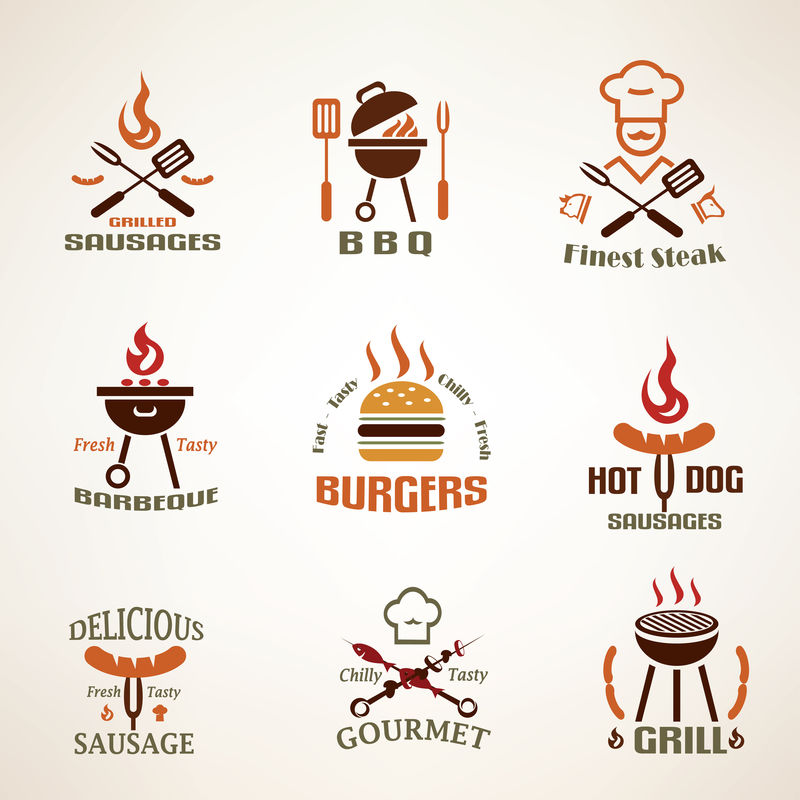 一套老式烧烤和烧烤标签、徽章和设计元素