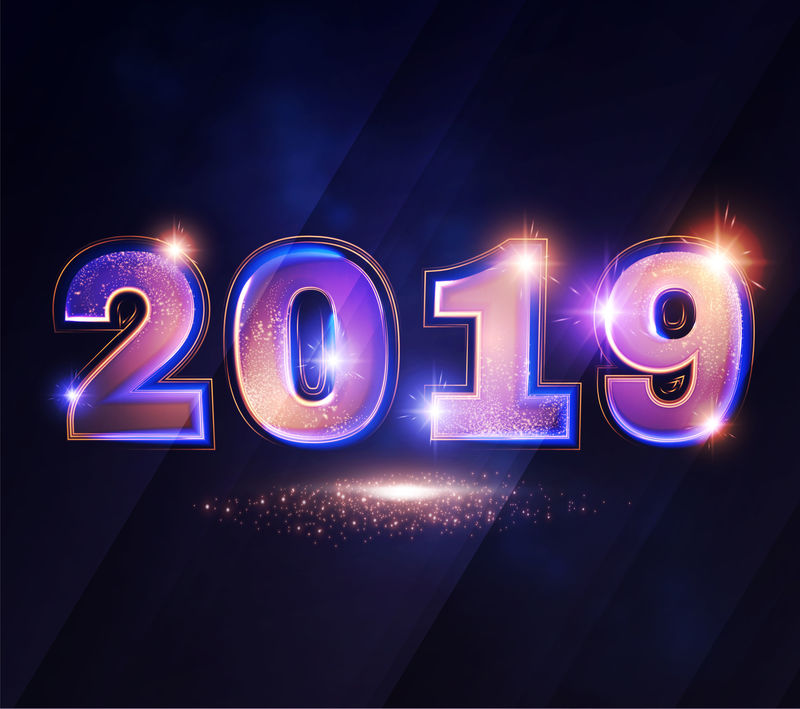 新年快乐2019年优雅闪亮数字。排版设计。节日横幅，有灯光效果。