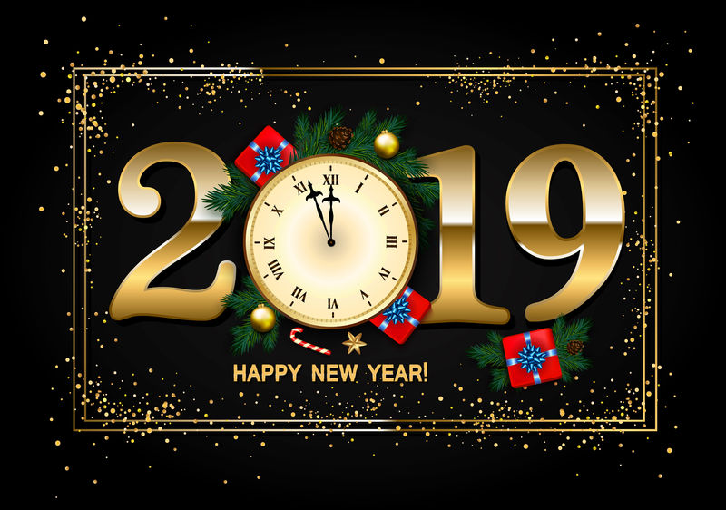 2019年新年背景，带时钟、礼品盒、甘蔗、松树