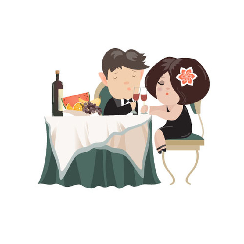 年轻的成年夫妇在优雅的餐厅里-在浪漫的晚餐后一起喝红酒-矢量隔离图