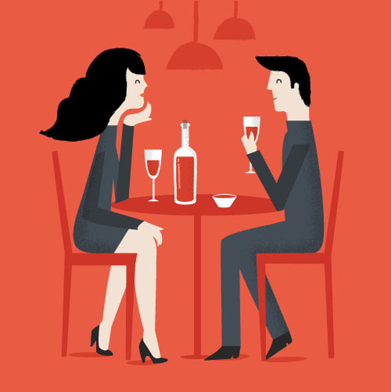 坐在咖啡馆里的一对浪漫的情侣——共享一瓶酒-餐馆里的男人和女人-矢量图解