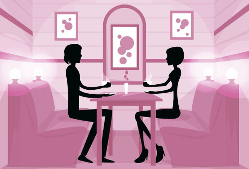 情侣坐在咖啡桌上喝咖啡浪漫爱情剪影约会粉色矢量图